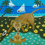 A colorful painted scene showing a tan dog standing on a green shoreline with yellow flowers, looking into a turquoise pool where its reflection is visible. Palm trees, sailboats on blue water, and a bright sky complete the artwork.
