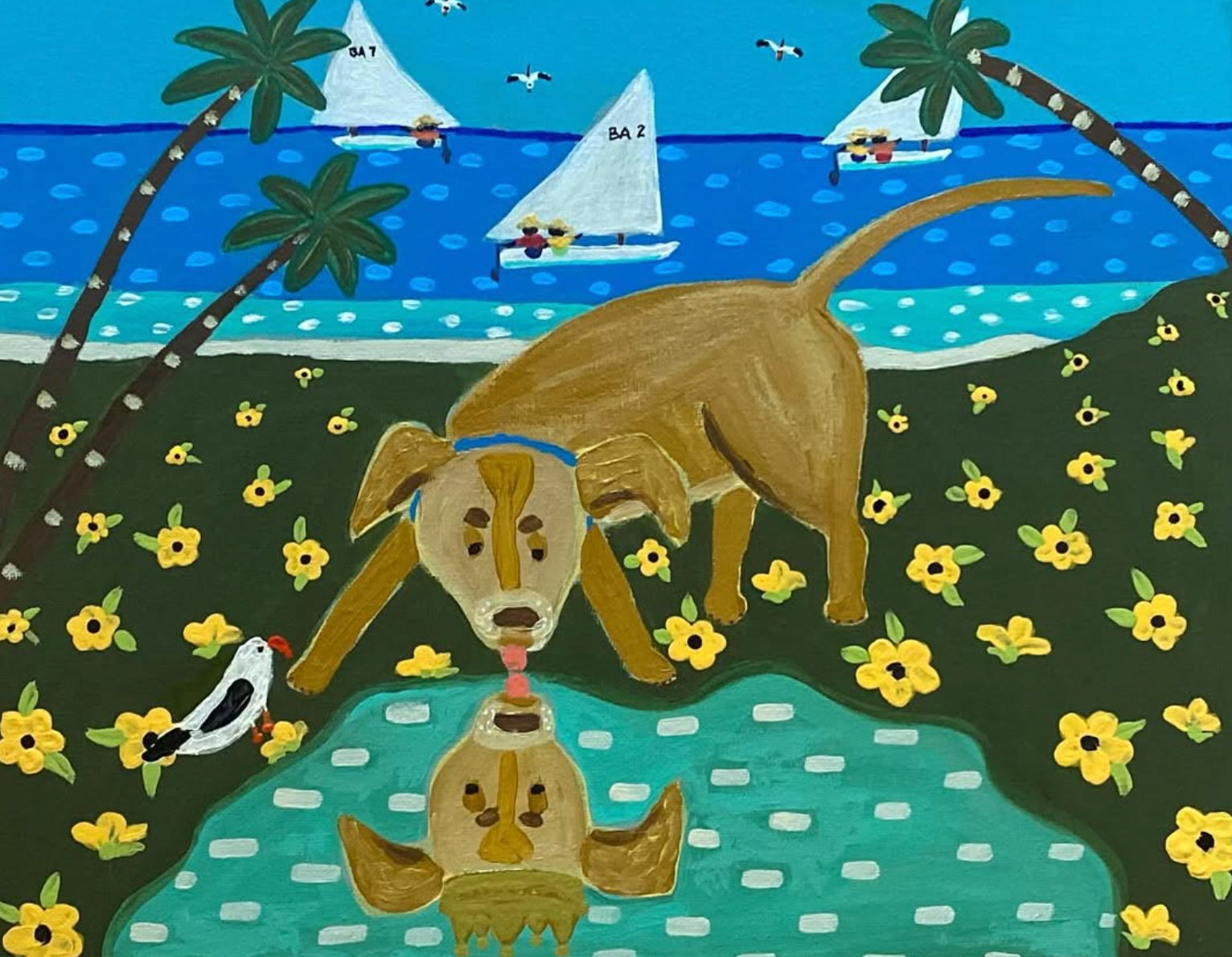 A colorful painted scene showing a tan dog standing on a green shoreline with yellow flowers, looking into a turquoise pool where its reflection is visible. Palm trees, sailboats on blue water, and a bright sky complete the artwork.