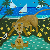 A colorful painted scene showing a tan dog standing on a green shoreline with yellow flowers, looking into a turquoise pool where its reflection is visible. Palm trees, sailboats on blue water, and a bright sky complete the artwork.