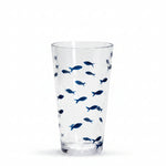 A clear drinking glass decorated with a pattern of small blue fish.