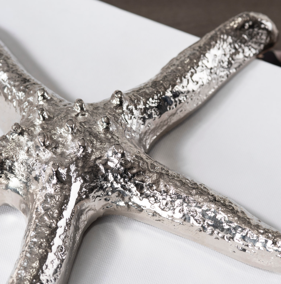 A close-up of a metallic silver starfish .
