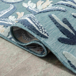 Close-up of a blue-patterned rug.