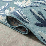 Close-up of a blue-patterned rug.