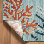 Close-up of a textured  Aqua Multi Rug! This versatile indoor/outdoor rug.