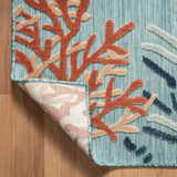 Close-up of a textured  Aqua Multi Rug! This versatile indoor/outdoor rug.