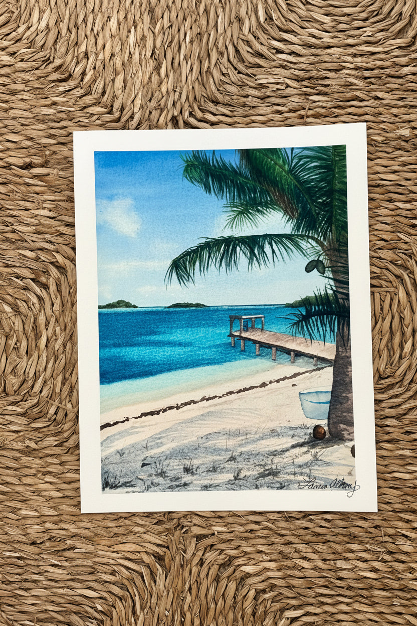 Painting of a tropical beach scene with a palm tree and a dock.