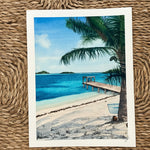 Painting of a tropical beach scene with a palm tree and a dock.