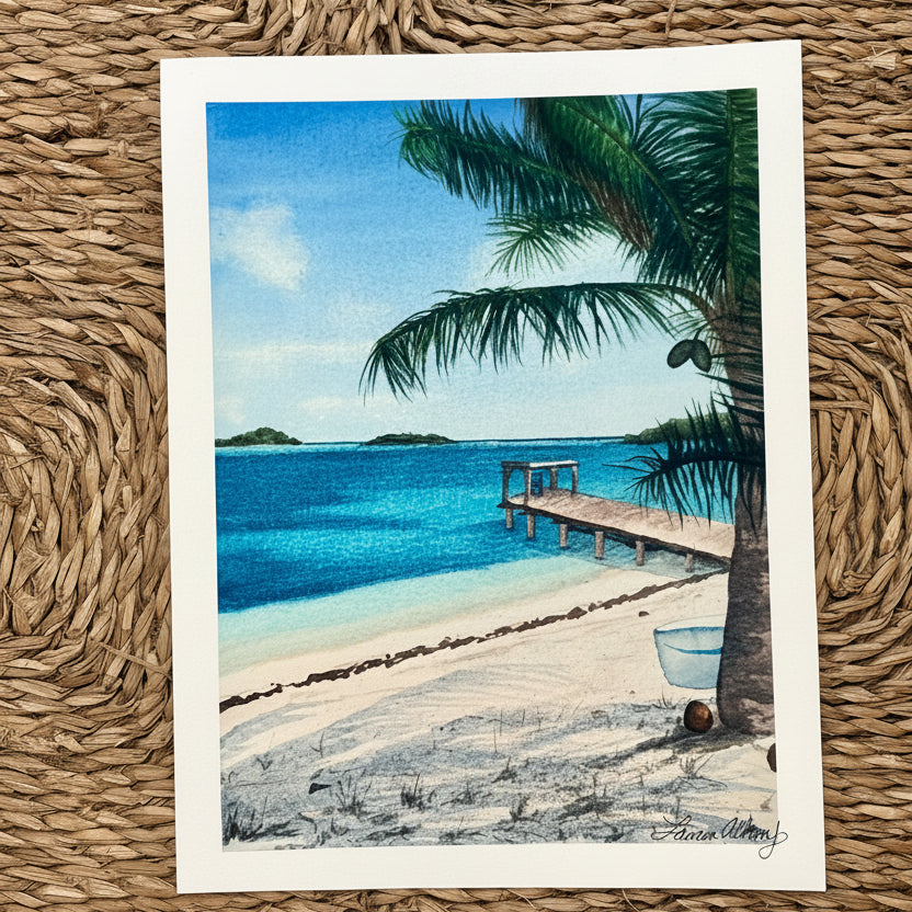 Painting of a tropical beach scene with a palm tree and a dock.