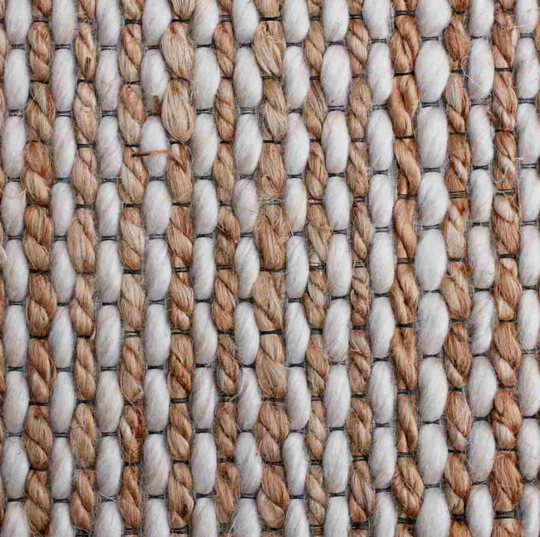 Close-up of a woven pattern with beige, brown, and white colors.