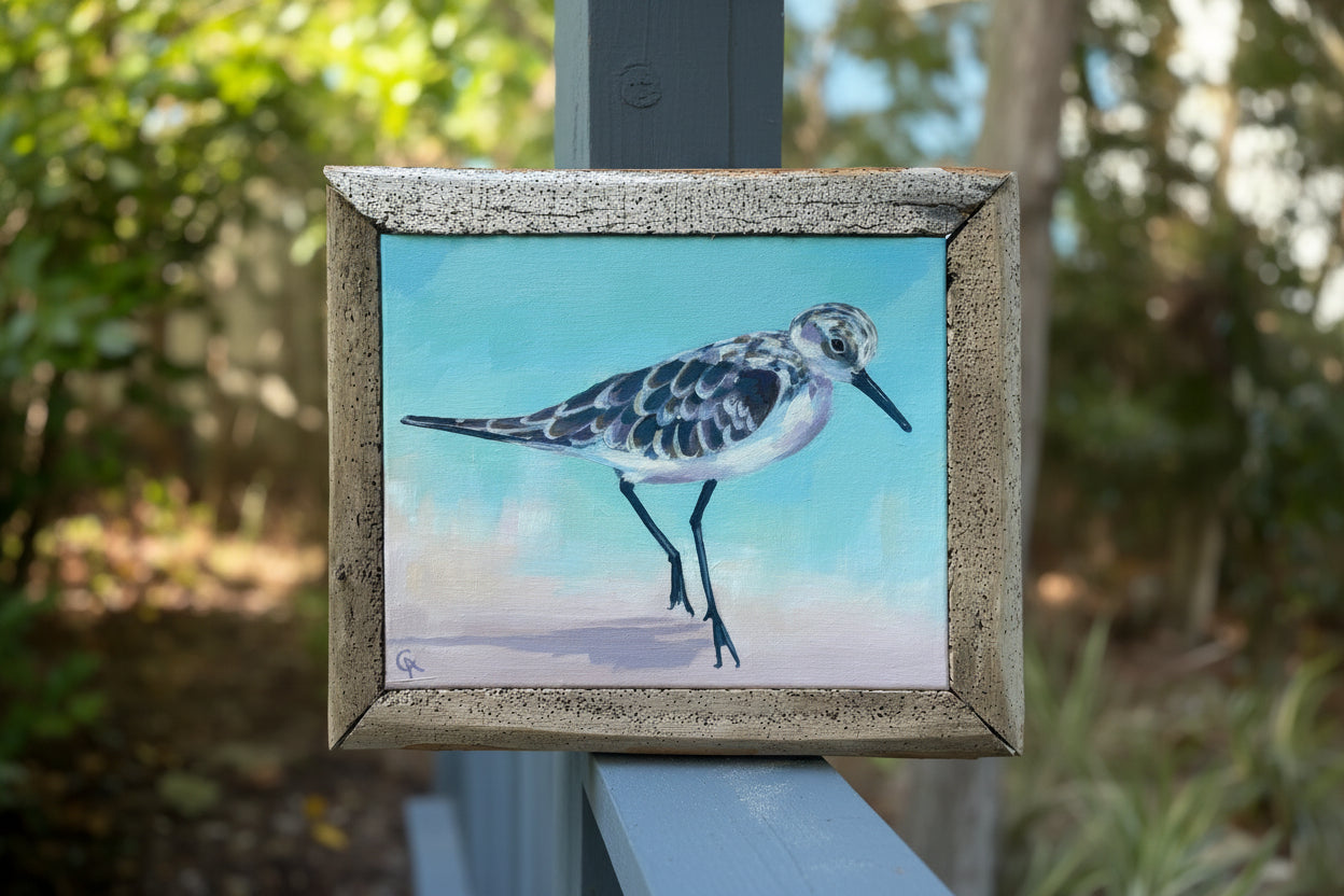 Framed painting of a sandpiper bird on a beach