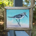 Framed painting of a sandpiper bird on a beach