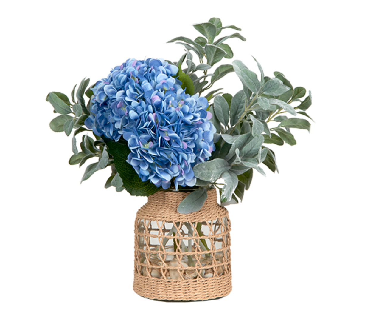 An artificial floral arrangement featuring a large blue hydrangea bloom, green and silver eucalyptus leaves, and a woven natural fiber basket vase.