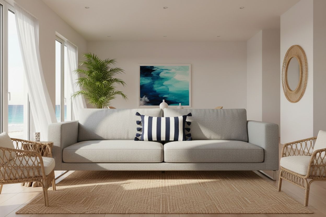 A rectangular throw pillow with vertical navy blue and white stripes and matching navy tassels on the sides.