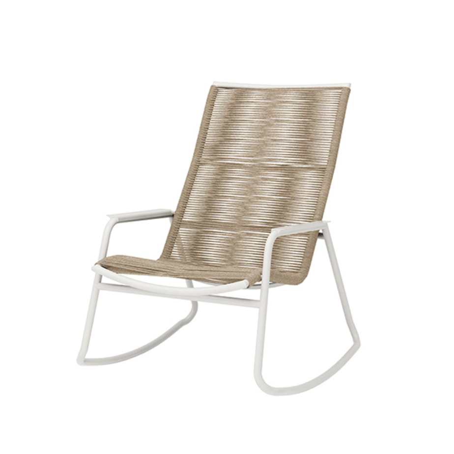 A modern patio rocking chair with a white metal frame and a woven beige and white sling seat and backrest.