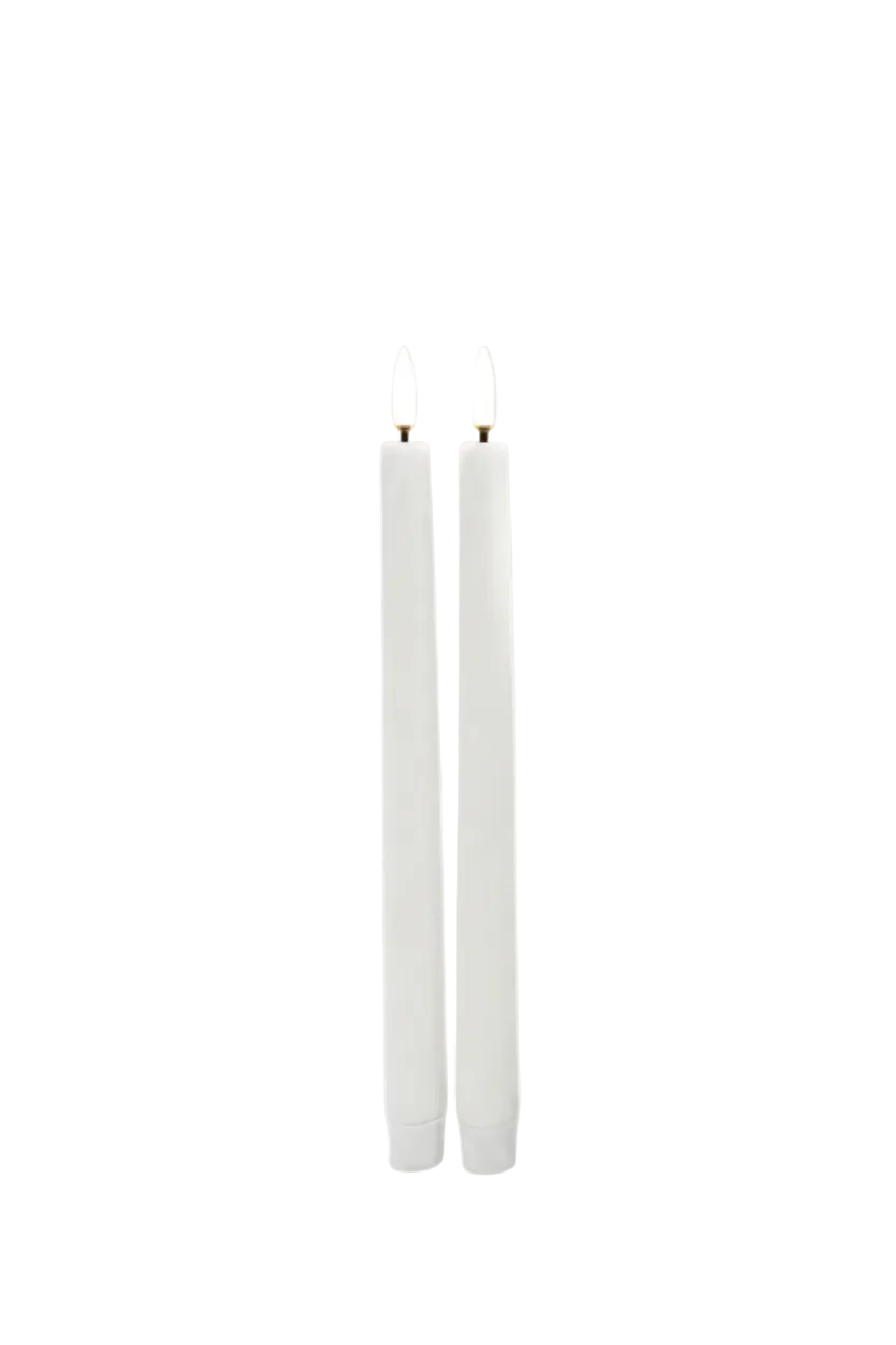 Two white candles with lit wicks 