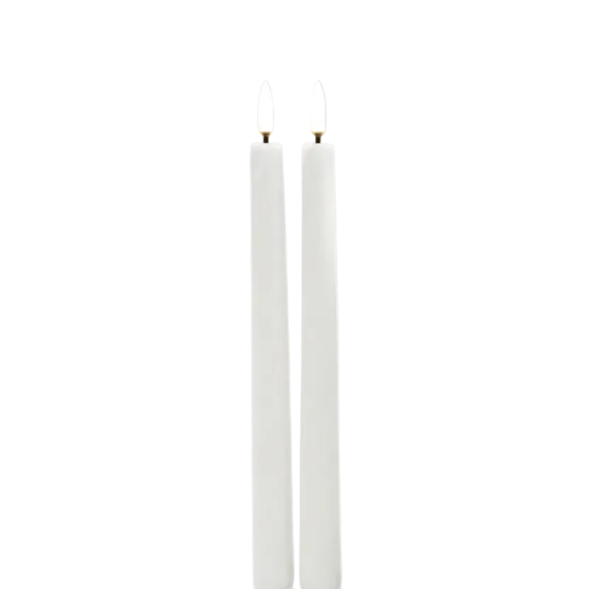 Two white candles with lit wicks 