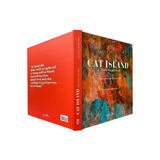 The book 'Cat Island: Diamonds and Rust' by Alexander Barnes, published by Philistia, is shown in a three-quarter view displaying both the orange-red back cover and the abstractly painted front cover.