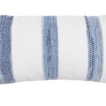 White pillow with blue striped pattern.