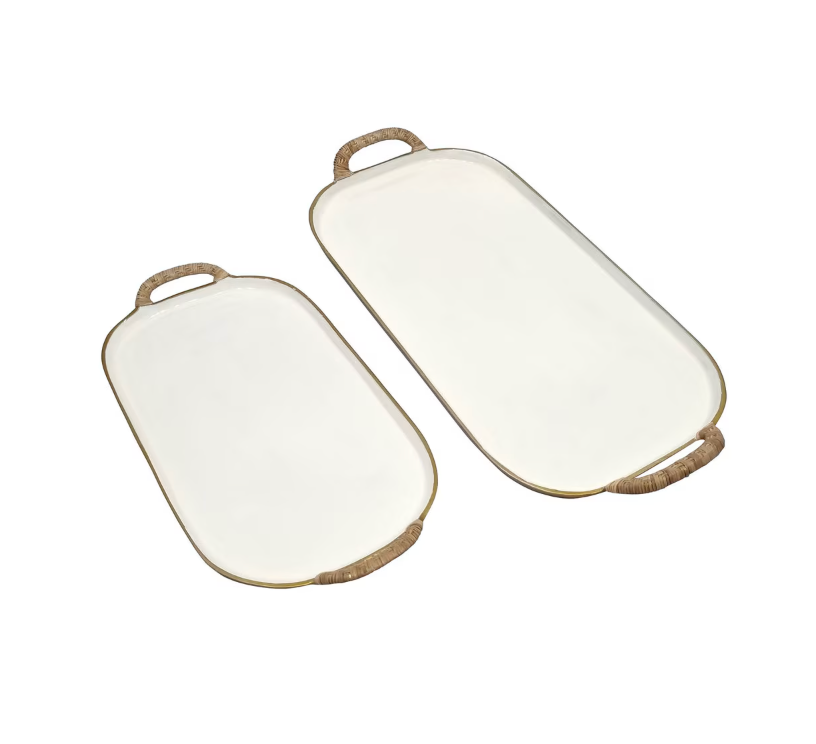 Featuring a timeless white and gold finish paired with natural rattan-wrapped handles.