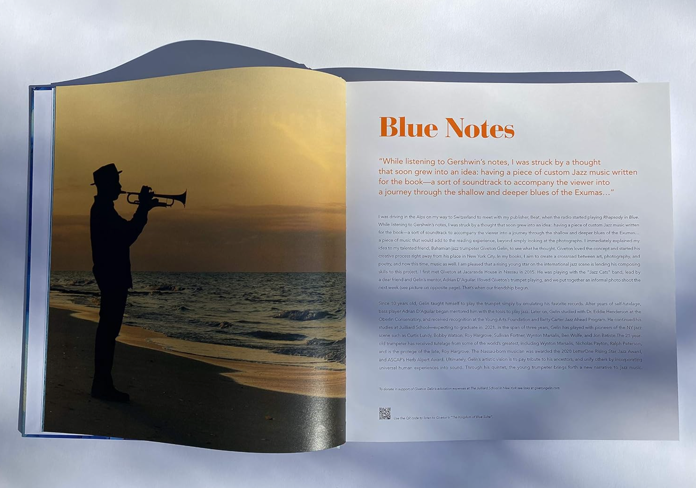 An open book or magazine spread photographed outdoors against a cloudy sky. The left page shows a large photo of a silhouetted person playing a trumpet on a beach at sunset, and the right page has the headline 'Blue Notes' with body text and a large block of smaller text.