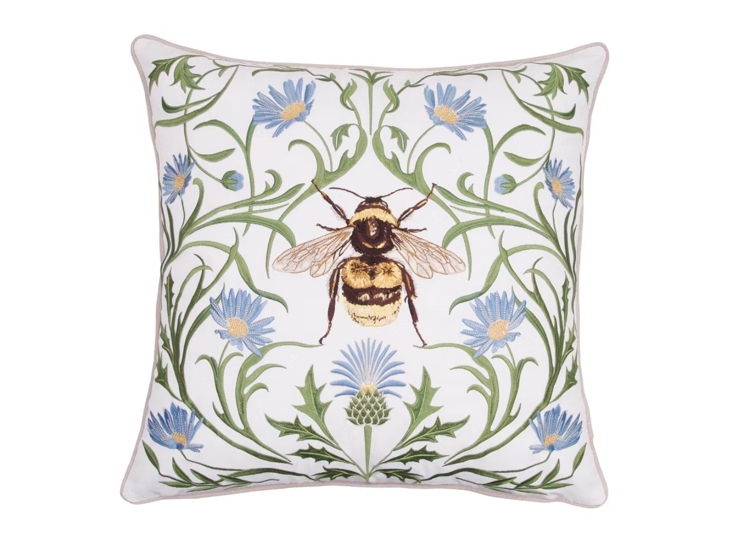 A square decorative throw pillow with an embroidered botanical pattern of blue flowers, green leaves, and a central bumblebee motif.
