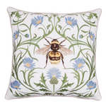 A square decorative throw pillow with an embroidered botanical pattern of blue flowers, green leaves, and a central bumblebee motif.
