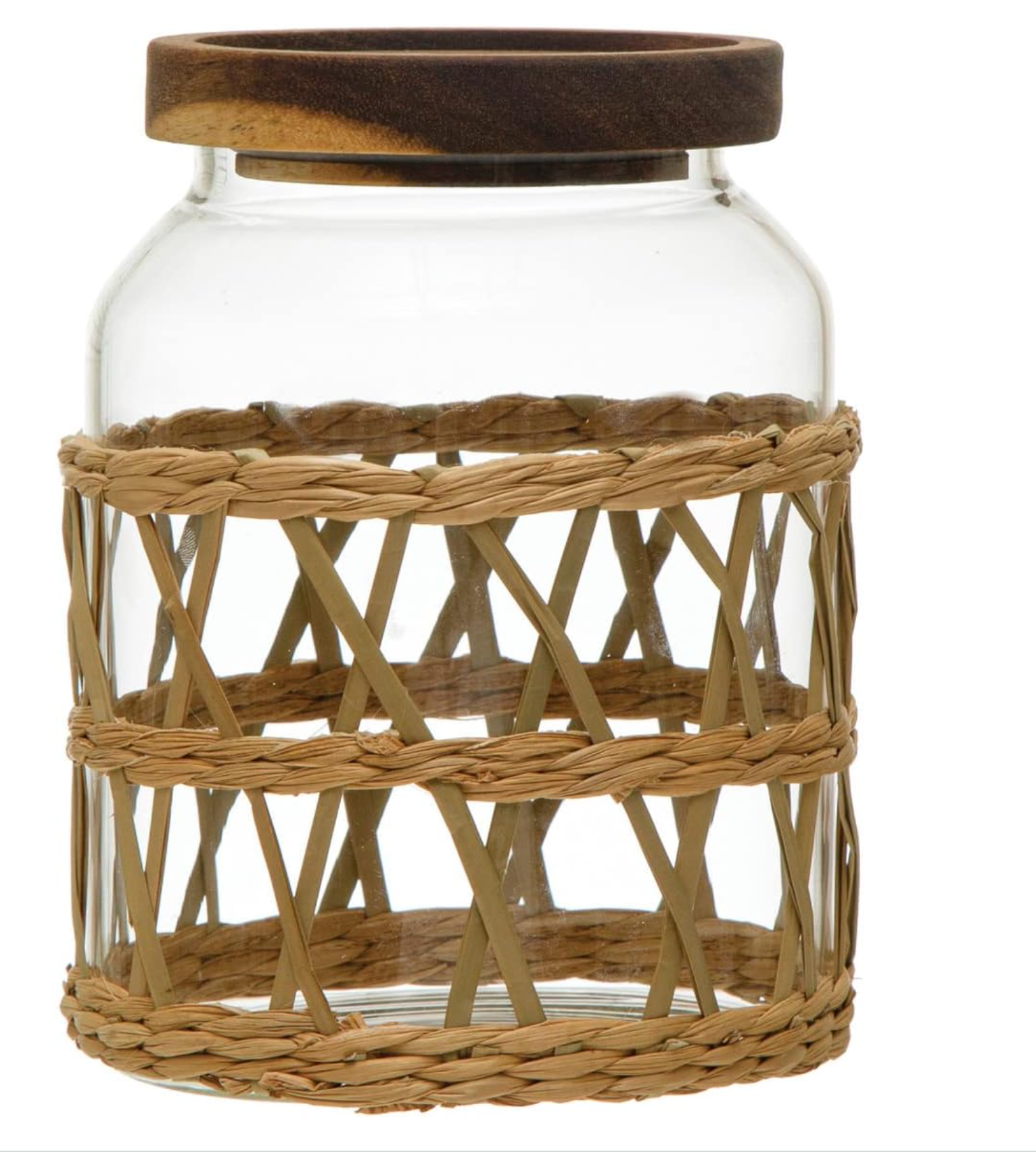 A clear glass jar with a dark brown wooden lid and a natural woven rattan or wicker sleeve around the body.