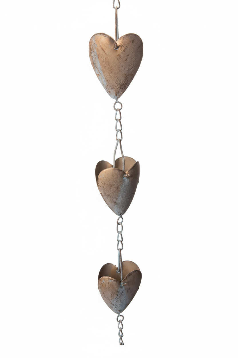 A rustic metal rain gutter ornament featuring three stacked, vertically hanging heart-shaped panels connected by short chains.