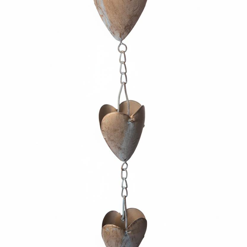 A rustic metal rain gutter ornament featuring three stacked, vertically hanging heart-shaped panels connected by short chains.