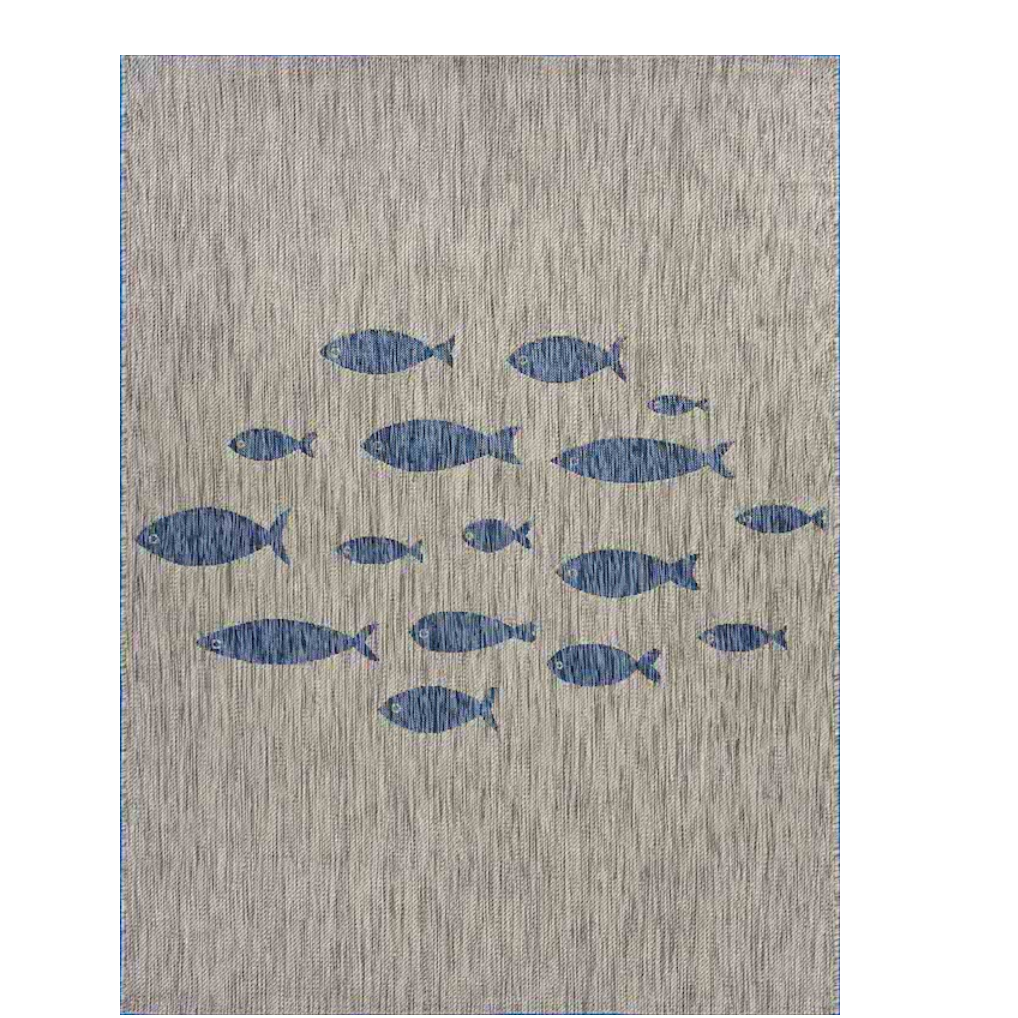 Gray rug with blue fish pattern.Perfect for patios, porches, or indoor living areas seeking low-maintenance style with island-inspired appeal.