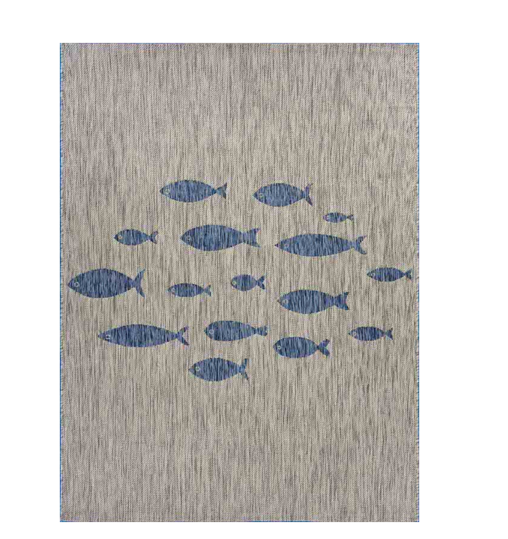 Gray rug with blue fish pattern.Perfect for patios, porches, or indoor living areas seeking low-maintenance style with island-inspired appeal.