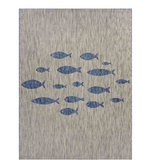 Gray rug with blue fish pattern.Perfect for patios, porches, or indoor living areas seeking low-maintenance style with island-inspired appeal.