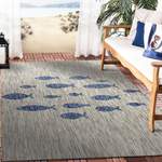 Gray indoor/outdoor rug with blue fish pattern.