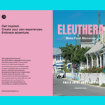 A two-panel promotional flyer or brochure layout for 'Eleuthera Make Fond Memories Photo Dive Camp Tour' set against a solid light blue background. The left panel is pink with black text reading 'Get inspired.