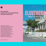 A two-panel promotional flyer or brochure layout for 'Eleuthera Make Fond Memories Photo Dive Camp Tour' set against a solid light blue background. The left panel is pink with black text reading 'Get inspired.