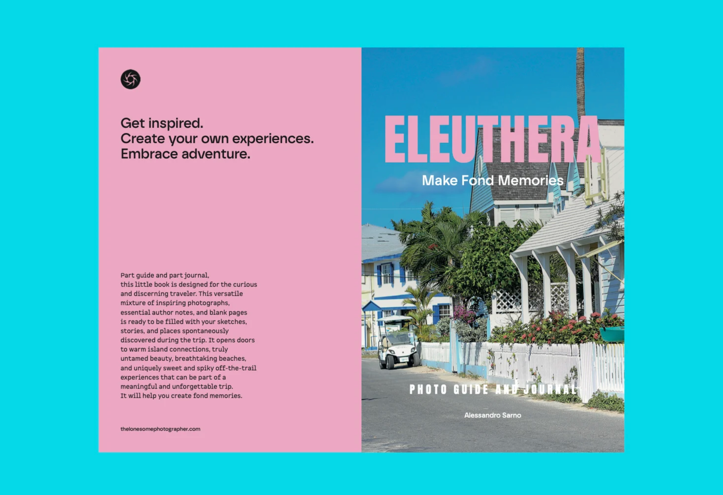 A two-panel promotional flyer or brochure layout for 'Eleuthera Make Fond Memories Photo Dive Camp Tour' set against a solid light blue background. The left panel is pink with black text reading 'Get inspired.