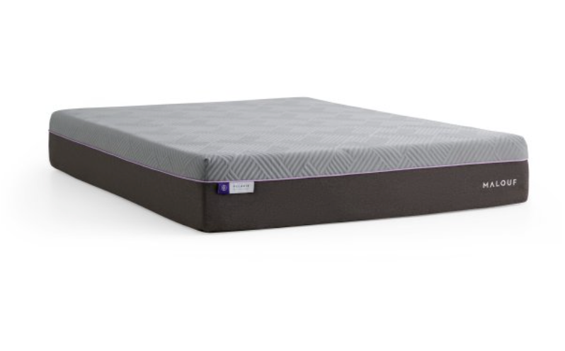 Gray and black mattress with 'Malouf' branding.