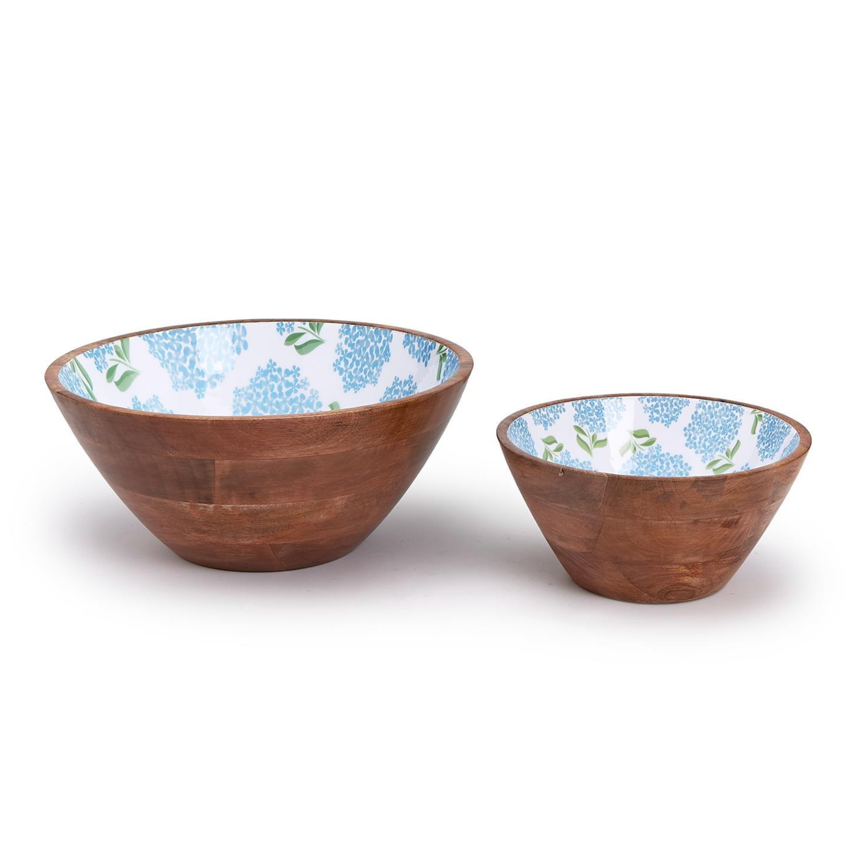 Two wooden bowls with a blue and green floral pattern on the inside.