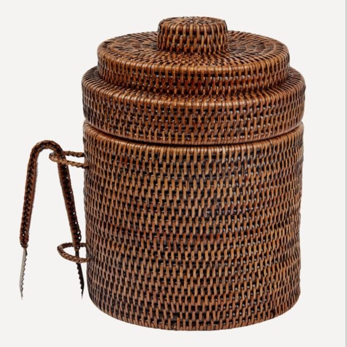 A round brown wicker ice bucket.