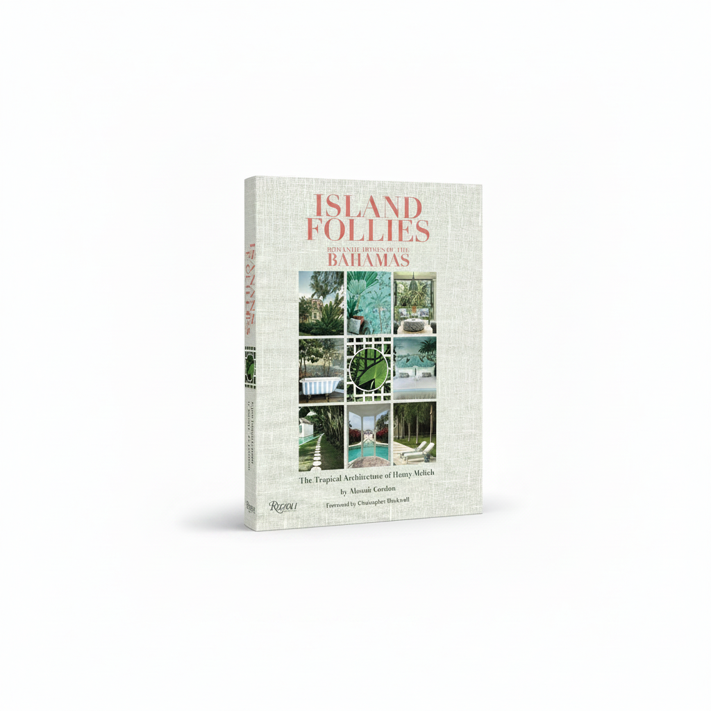 Book cover for 'Island Follies: Romantic Homes of the Bahamas' by Mastaig Gordon, featuring a textured light beige linen-style background, coral title text, and a central collage of tropical resort and interior photographs.