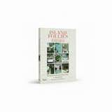 Book cover for 'Island Follies: Romantic Homes of the Bahamas' by Mastaig Gordon, featuring a textured light beige linen-style background, coral title text, and a central collage of tropical resort and interior photographs.