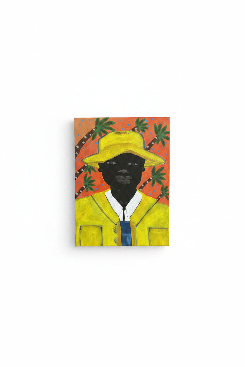 Painting of a person wearing a yellow hat and jacket.