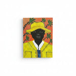 Painting of a person wearing a yellow hat and jacket.