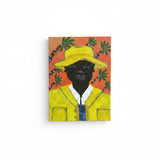 Painting of a person wearing a yellow hat and jacket.