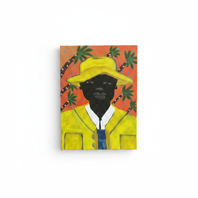 Painting of a person wearing a yellow hat and jacket.
