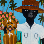A person wearing a hat with a dog.