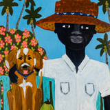 A person wearing a hat with a dog.