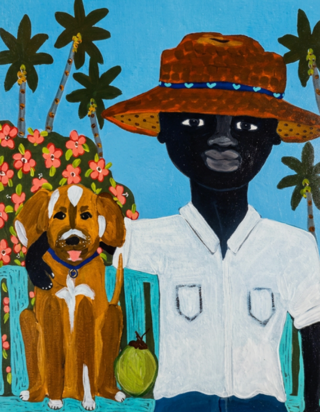 A person wearing a hat with a dog.