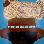 Artistic depiction of a person wearing a hat with a rooster.