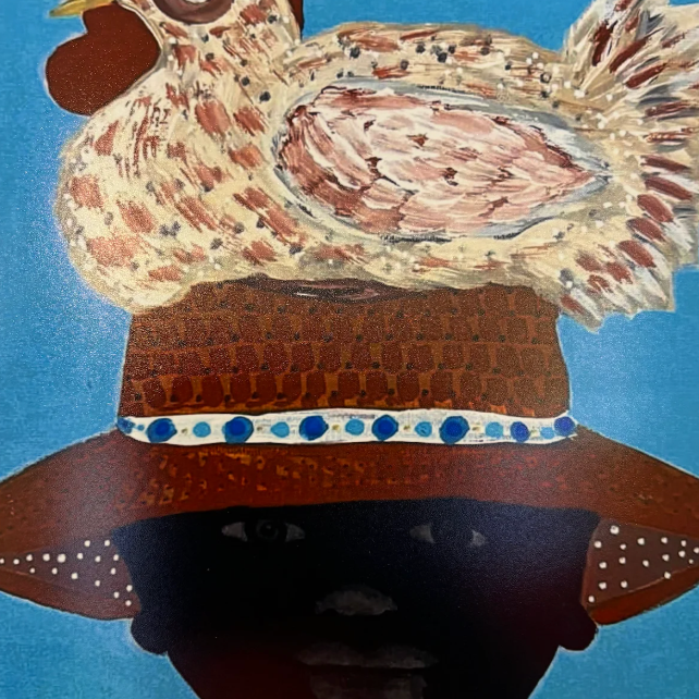 Artistic depiction of a person wearing a hat with a rooster.